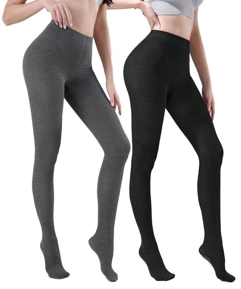TOCONFFON Women's Winter Leggings Warm Opaque Tights, Vertical Stripe Texture Stretchy Warm Tights 140D/200D(Regular Grey&black 2 Pairs,S/M) - Image 1